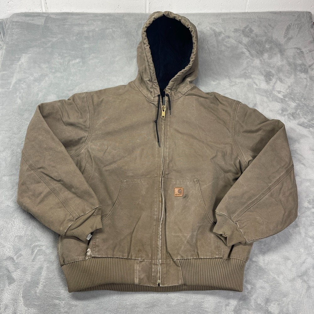 Vintage Carhartt Workwear Jacket Mens XL Desert Tan Canvas Faded Hooded Full Zip